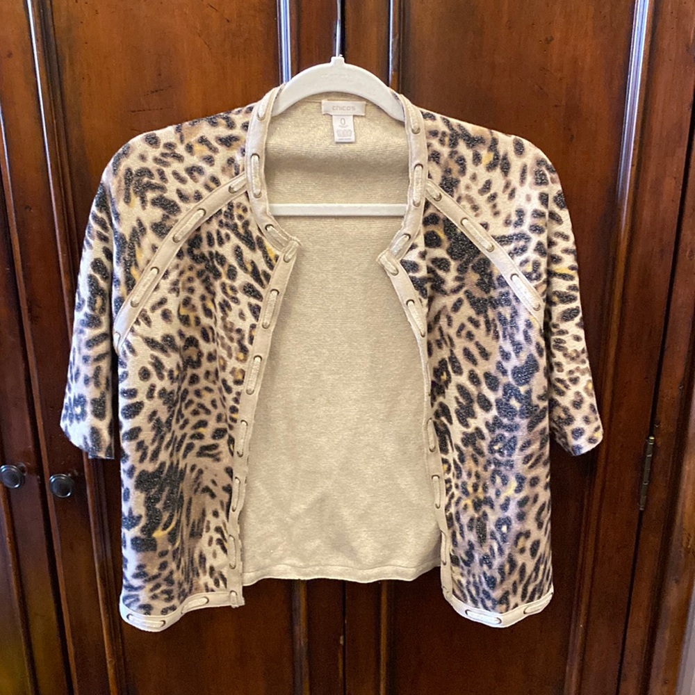 Chicos cardigan animal print with gold threading and trim detail size 0